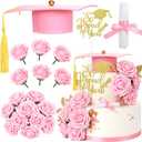 Graduation Cake Kit Included Felt Grad Cap with Tassel Pink Flower Grad Cake Toppers Graduations Party Supplies So Proud of You Cupcake Topper for Congrats Senior High School College Party Decor(Pink)