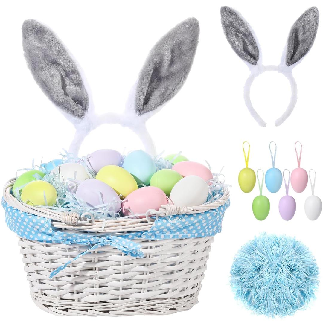 SiliFine Easter Bunny Gift Basket Set Include Wicker Basket with Liner Gingham, Easter Bunny Headband, Easter Eggs, Raffia Paper Grass, Easter Gift for Party Favor Decoration(Blue)