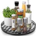 Black and White Kitchen Lazy Susan Turntable  Round Checkered Decorative Tray, 12 Table Top Oak Wood Lazy Susan for Cookies, Dining Table Organizer, Small Kitchen Table Centerpiece