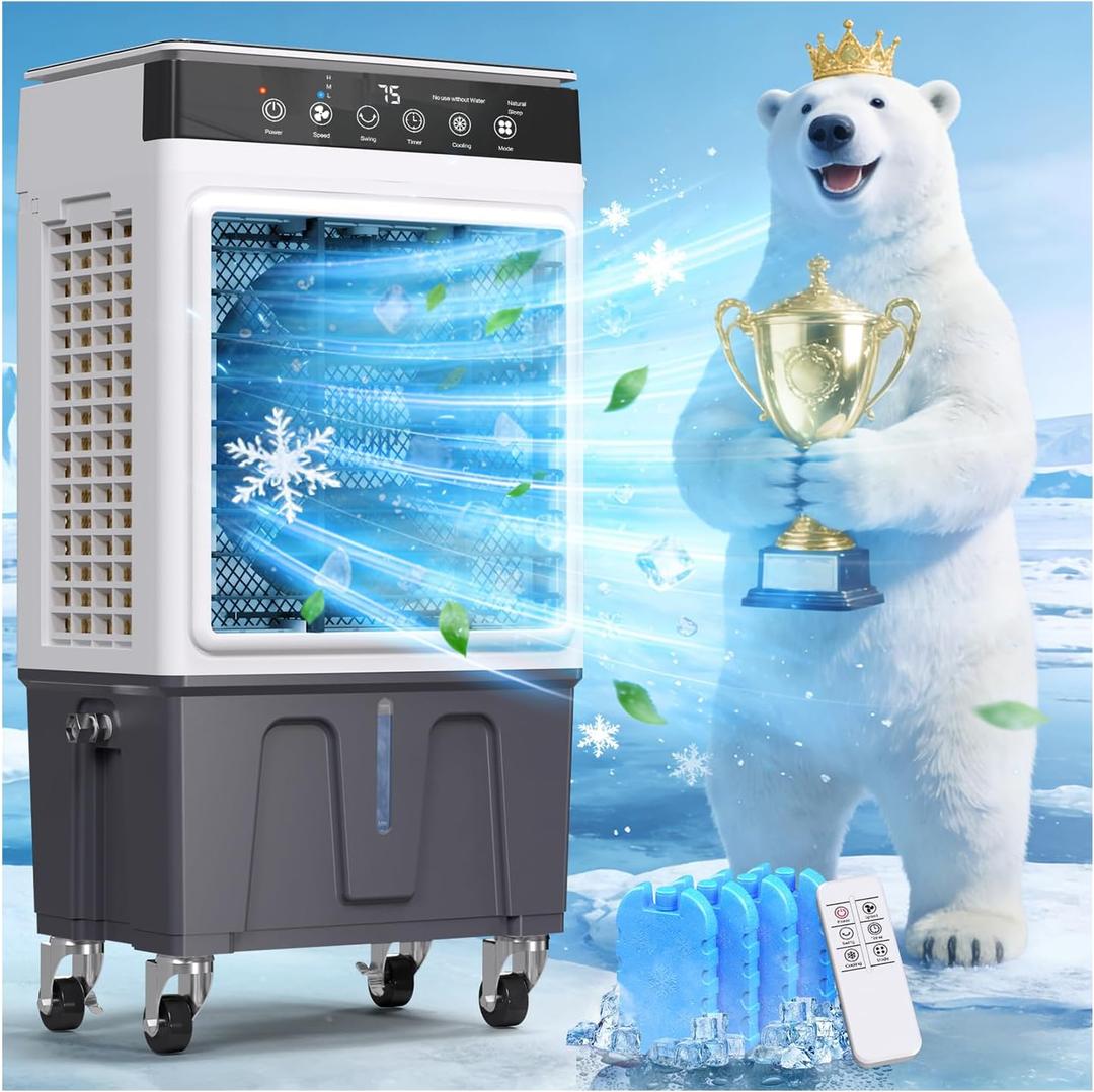 Swamp Cooler Air Conditioner, 4-in-1 Evaporative Air Cooler with 7.5-Gal Water Tank, 4 Modes, 3 Speeds, Dry Burn Protection, Remote, 12H Timer, Portable Windowless AC for Home, Office, Garage