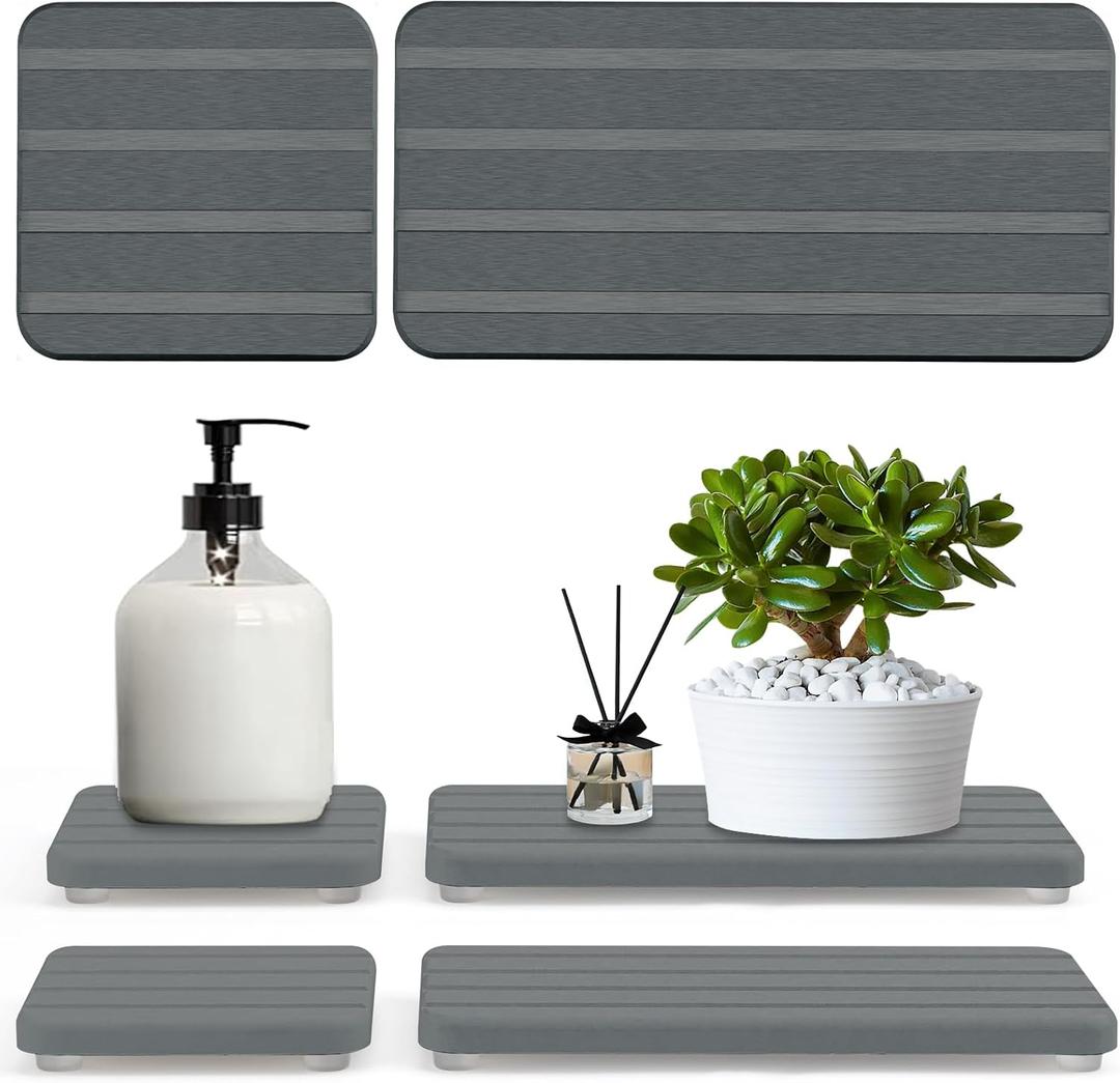 4PCS Water Absorbing Stone Tray for Sink,Stone Drying Tray,Diatomite Stone Sink Tray,for Placing Kitchen and Bathroom Supplies,6.3  3.15inch and 3.15  3.15inch-Dark Gray