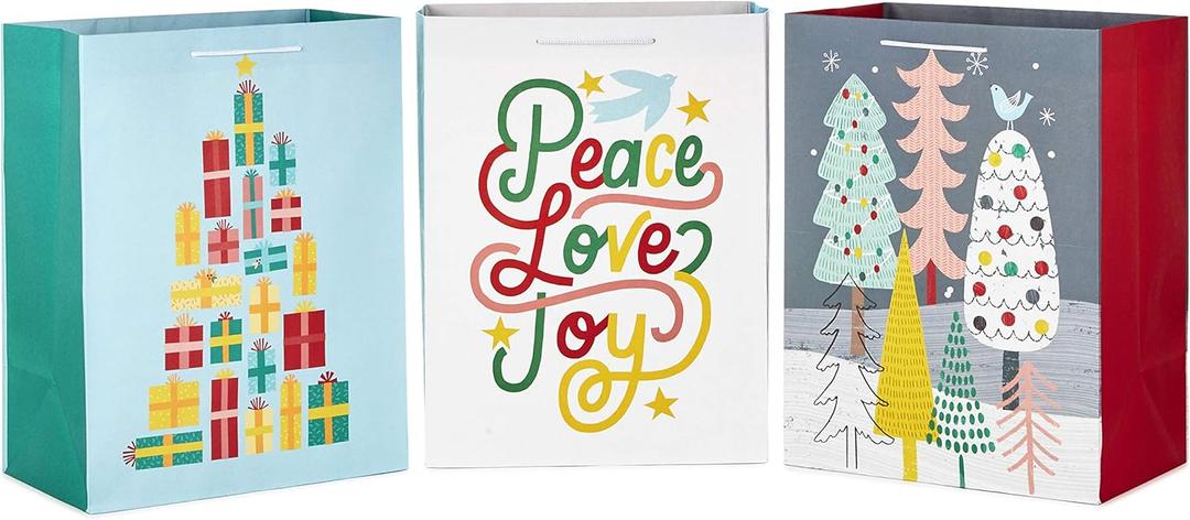 Hallmark Assorted Christmas Gift Bag Bundle (3 Extra Large 17" Gift Bags, 3 Designs) Trees, Presents, Peace, Love, Joy in Pink, Yellow, Mint Green, Gray and White