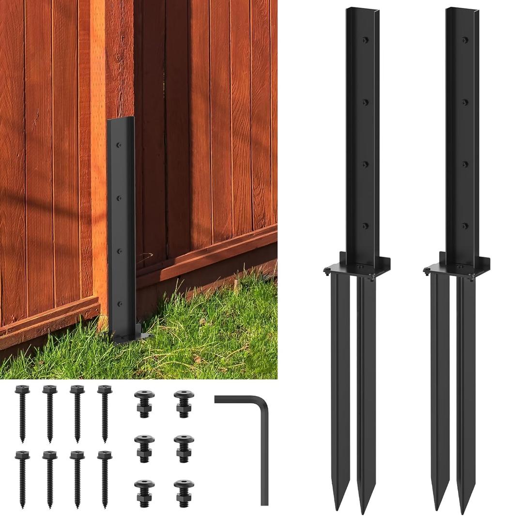 2 Pack Heavy Duty Steel Fence Post Repair Stakes, Fence Post Repair Kit, Fence Post Anchor Kit, Fence Post Anchor Ground Spike for Repairing Tilted Broken Wooden Fence Post, Strong Stable, Black