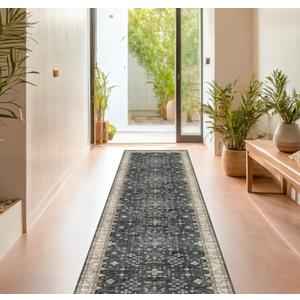 Black Boho Washable 3x16 Extra Long Runner Rug for Hallway, Waterproof Large Kitchen Floor Rug, Non-Slip Stain & Fade Resistant, Vintage Floral Decor (Ashen / Multi)