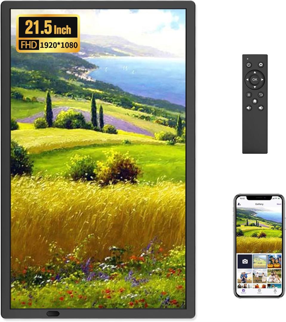 FANGOR 21.5" Large Digital Picture Frame 64GB, WiFi Photo Frame 1920x1080 FHD IPS Display with Remote Control, Auto-Rotate, Wall Mounted, Share Photos/Videos Via Uhale App/USB/SD (No Touch Screen)
