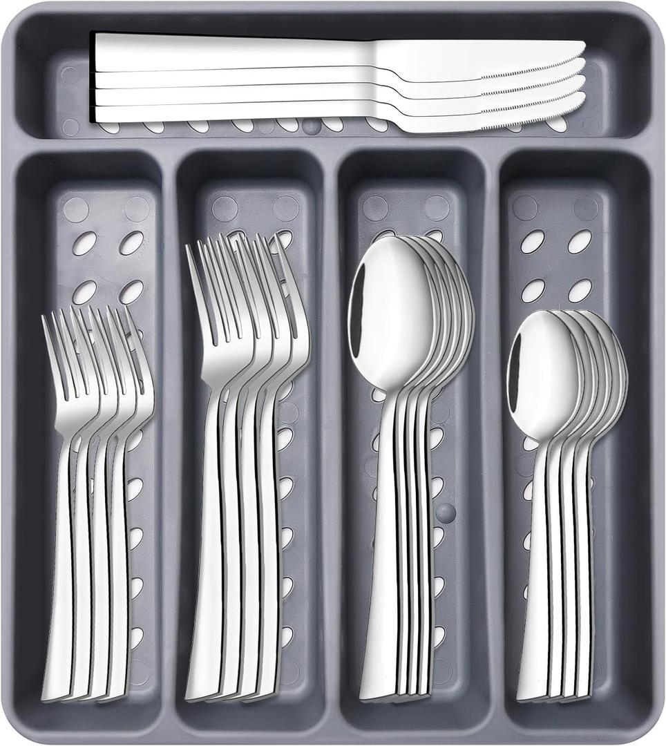 21-Piece Modern Stainless Steel Silverware Sets with Organizer Tray Silver Tableware Cutlery Set Fork Spoon and Knife Flatware Sets Heavy Duty Eating Kitchen Utensil Set Service for 4, Dishwasher Safe (12.8" x 11.3")