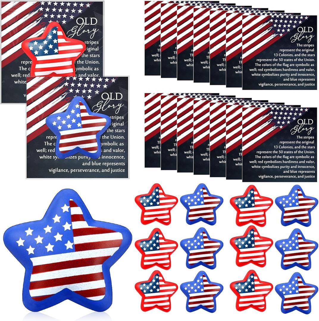 Meooeck USA Flag Stress Ball Gifts - American Patriotic Star Favors with Old Glory Cards, Bulk Souvenirs for Veterans Soldiers Patriots Parade Throws Party Decoration Supplies(15 Sets)