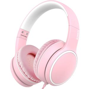 RORSOU R10 Over-Ear Headphones with Microphone, Lightweight Folding Stereo Bass Headset with 1.5M No-Tangle Cord, Portable Wired Headphones for Smartphone Tablet Computer MP3 / 4 (Pink)