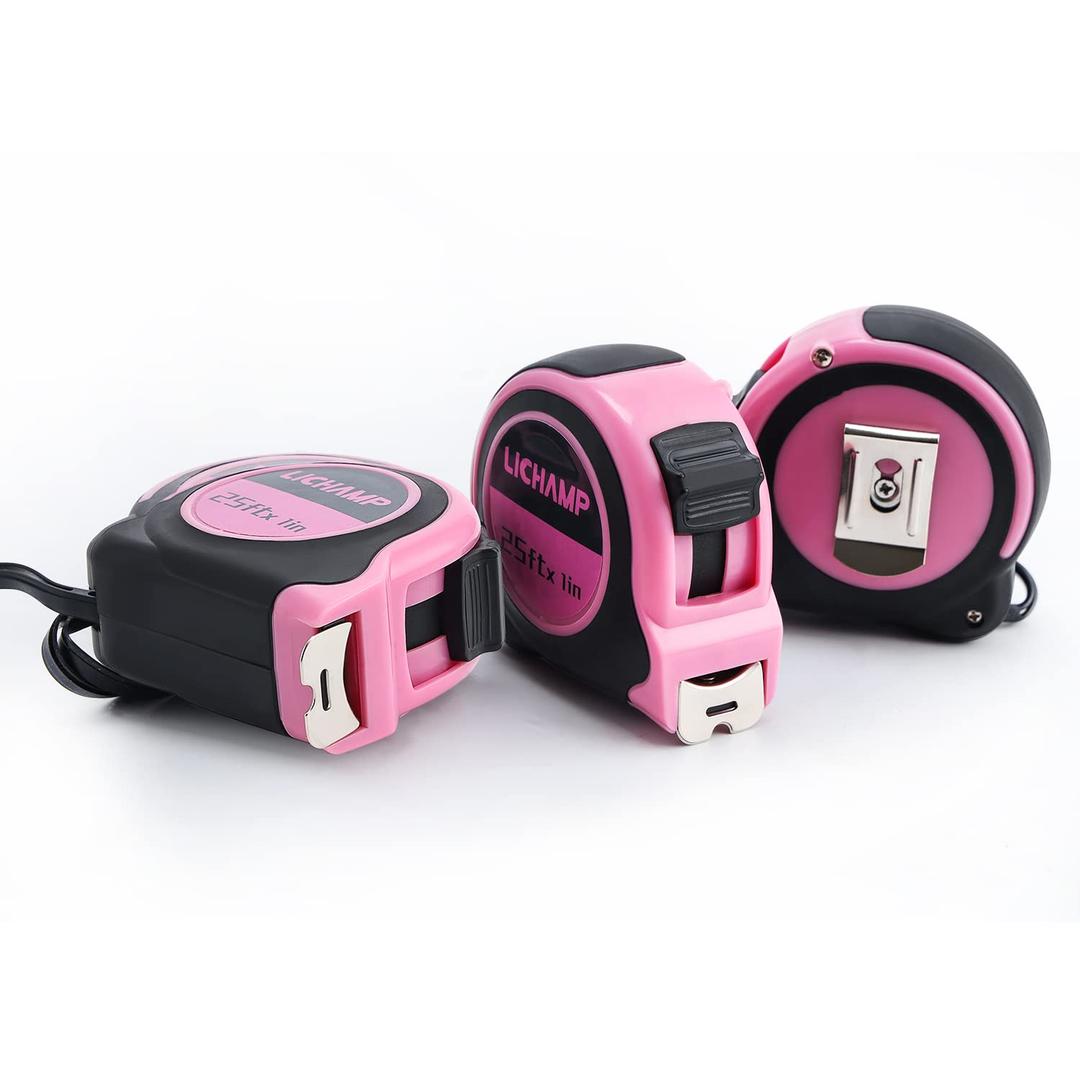 Lichamp Tape Measure 25 Feet, Pink Tape Measure 3 Pack 25ft x 1in with 1/8 Fractions, 0325PK