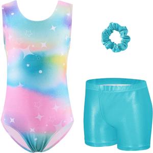 Zaclotre Gymnastics Leotards for Girls Sparkly Sleeveless Dance Unitards Biketards with Gym Shorts (6-7 Years, Color Gradient Star)
