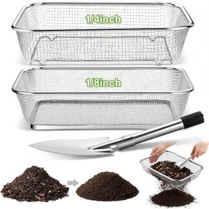 Set of 3 Soil Sifter for Gardening 2 Stainless Steel Sand Rocks Compost Soil Sieve with 1 Trowel 1/4 Inch 1/8 Inch Mesh Dirt Sifter for Gravel Potting Sawdust (EXP 09/26/30)