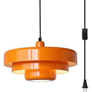 Plug in Pendant Light Mid Century Hanging Lamp with Plug in Cord Orange Pendant Lighting Fixtures Nordic Style Metal Shade On/Off Switch Hanging Light for Living Room Dining Bedroom Kitchen