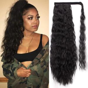 Long Corn Wave Ponytail Extension Magic Paste Heat Resistant Wavy Synthetic Wrap Around Ponytail Black Hairpiece for Women (22 Inch, 22 Inch-Black)