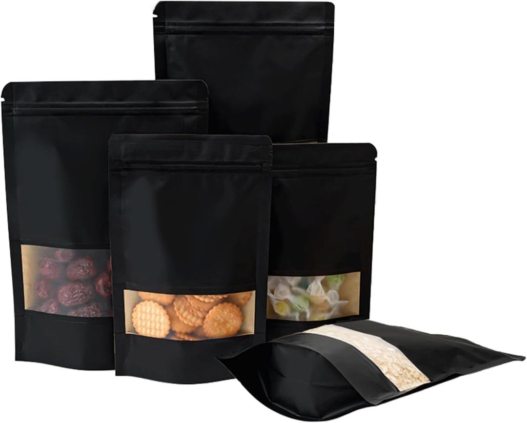 100 Pcs 4 x 6 Inch Stand Up Black Kraft Paper Bags with Matte Window, Resealable Zip Lock Food Storage Bags, Reusable & Heat Sealable for Packaging
