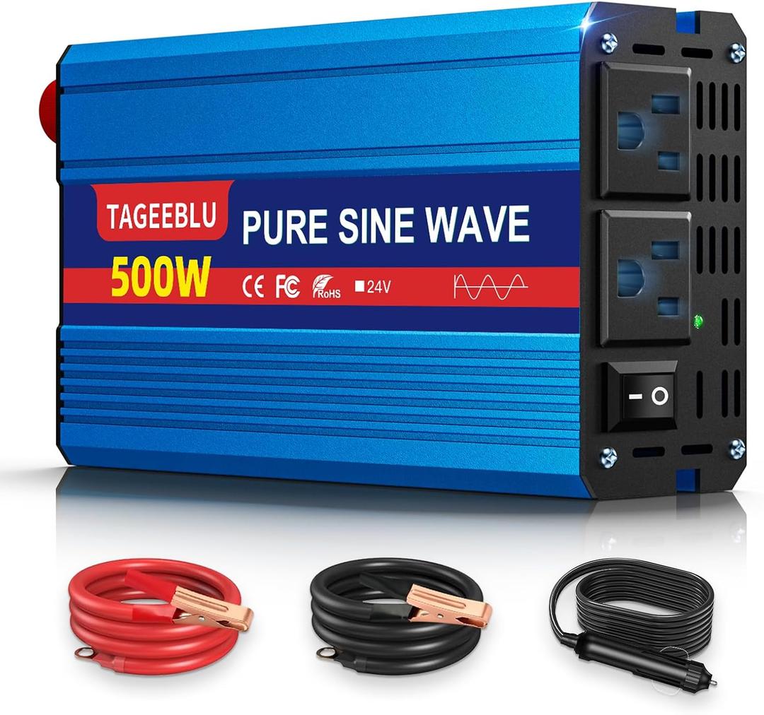 500W Pure Sine Wave Power Inverter DC 24V to 110V AC Converter with LCD Display, Battery Clamps & Cigarette Lighter Plug, Car Inverter with Dual AC Outlets for Vehicles RV Truck Camping Laptop CPAP