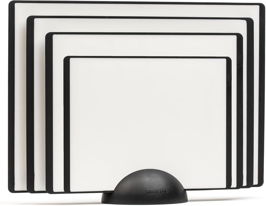SMIRLY Plastic Cutting Board Set with Holder 4 Pieces, Non-Slip Dishwasher Safe Chopping Boards for Kitchen, Black & White