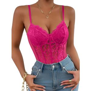 Lilosy Sexy Mesh Sheer Floral Lace Corset Lingerie Bodysuit Bustier Cami Top (Large, Hot Pink)