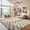 Checkered Rug for Living Room, 8x10 Beige and White Area Rugs, Classic Checkered Carpets Shaggy Area Rug, Bedside Rugs for Living Room Bedroom Kids Room Home Decor