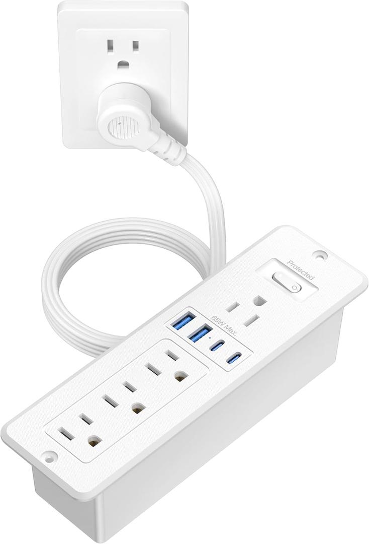 65W USB C Recessed Power Strip, Flush Mount Desktop Recessed Outlet with 4AC & 2 PD GaN USB C & 2 USB-A Ports, 10ft Furniture Hidden Drawer Fast Charging Station for Home Office (White)