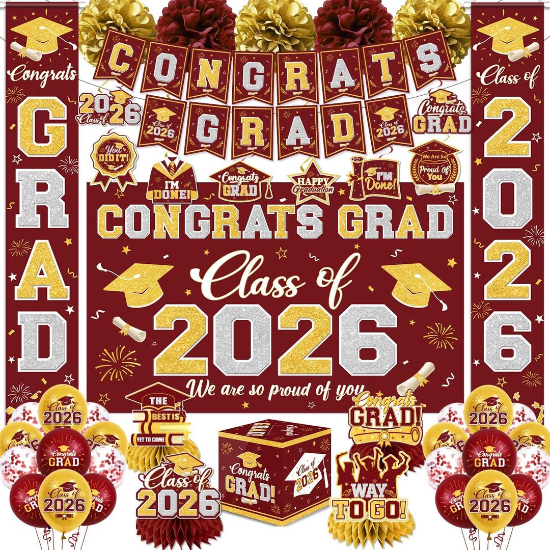 Graduation Decorations Class of 2026 Maroon and Gold Graduation Decorations with Congrats Grad Banner,Backdrop,Porch Sign,Balloons,Hanging Swirls,Honeycomb Centerpieces,Box for Graduation Party Decor