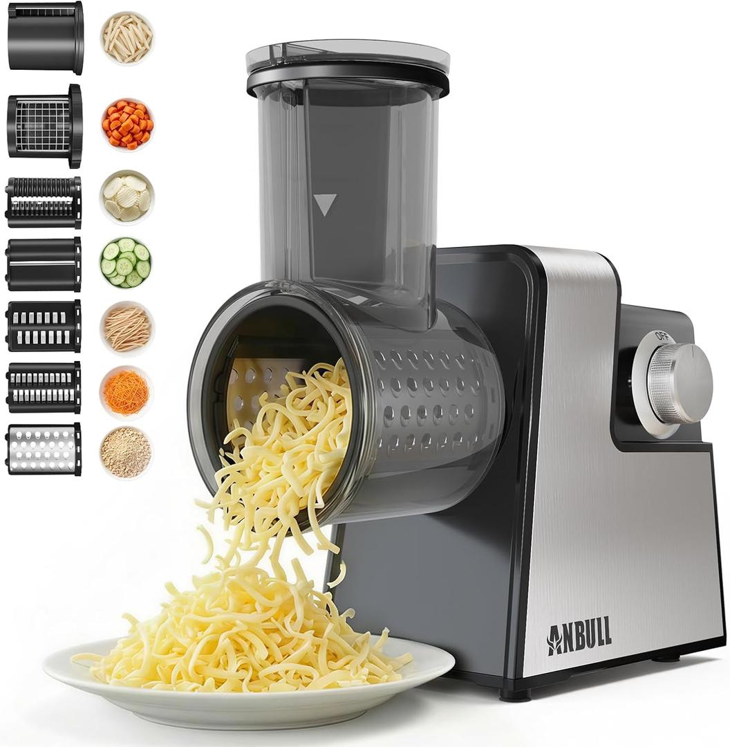 Anbull 7-in-1 Electric Salad Maker, 250W Professional Cheese Grater & Vegetable Cutter with Dicer, French Fry Blades, Automatic Slicer Shredder for Salads, Fruits, Nuts, One-Touch Meal Prep, BPA-Free (Silver)