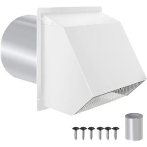 8 Inch Hooded Wall Vent with Screen and Damper, Exhaust Vent Cover Outdoor Dryer Vent Cover Outside External Extractor Wall Vent Hood for Kitchen Range Hood and Dryer, Bathroom, Basement (White)