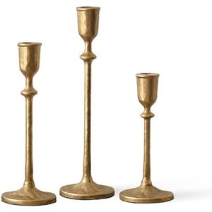 Antique Brass Candlestick Holders Set of 3, Cast Iron Taper Candle Holder for Dining Table Centerpiece, Wedding, Fireplace Mantel Decor, Vintage Tall Candle Stands, Christmas Decorations