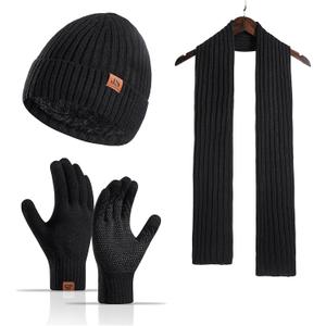 Winter Hats Scarf Set for Men Touchscreen Gloves Warm Knit Beanie Hat Scarves with Fleece Lined Cap (Black)