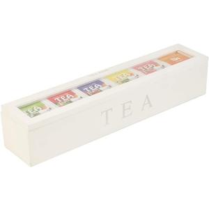 Greensen Wooden Tea Storage Box with 6 Compartments, Wood Tea Box Storage Organizer Retro with Clear Acrylic Lid for Tea Bags and Accessories (White)