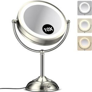 10X Magnifying Mirror with Light, Rechargeable 9" Lighted makeup mirror with magnification, 3 Color Modes, Adjustable Brightness, No Assembly Required, 360 Rotation Cosmetic Mirror, Pearl Nickel
