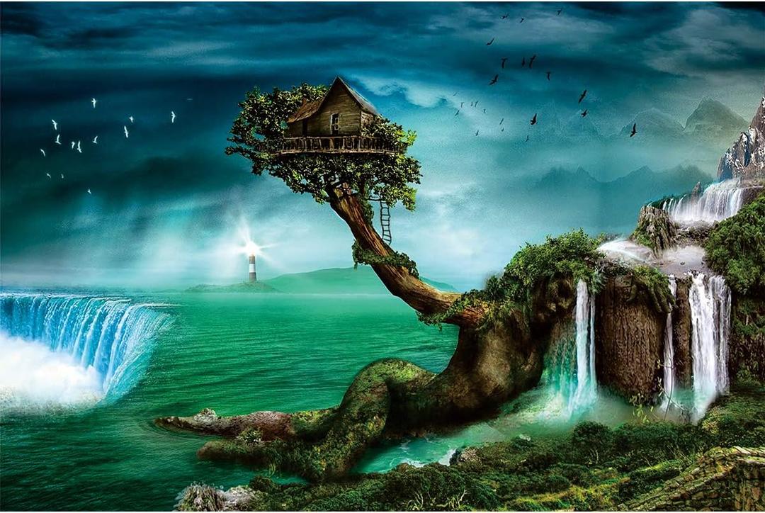 Ingooood- Jigsaw Puzzle 1000 Pieces- Fantasy Series- Home on The Waterfall Tree_IG-0649 Entertainment Toys for Adult Special Graduation or Birthday Gift Home Decor