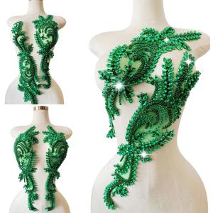 1 Pair Big Size Hand-Made Beaded Rhinestons DIY Clothing Appliques Patch Wedding Dress Decoration Flower Applique by Pair (LightGreen), Large