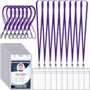 Marspark 100 Pcs ID Badge Holder with Lanyard Lanyards for ID Badges Resealable Flat Neck Name Tag with Clip Waterproof Plastic Clear Badges Bulk for School Office Supplies (Purple)