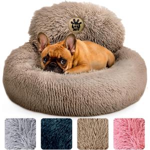PetJett Calming Dog Bed - Donut Dog Beds for Small, Medium, Large Dogs, Anti-Slip & Washable Round Dog Bed - Fluffy Plush Faux Fur Pet Bed, Anti-Anxiety Puppy Bed, 23'' Fits Up to 25 lbs Pets, Beige (Small - 23L x 23W x 8Th)
