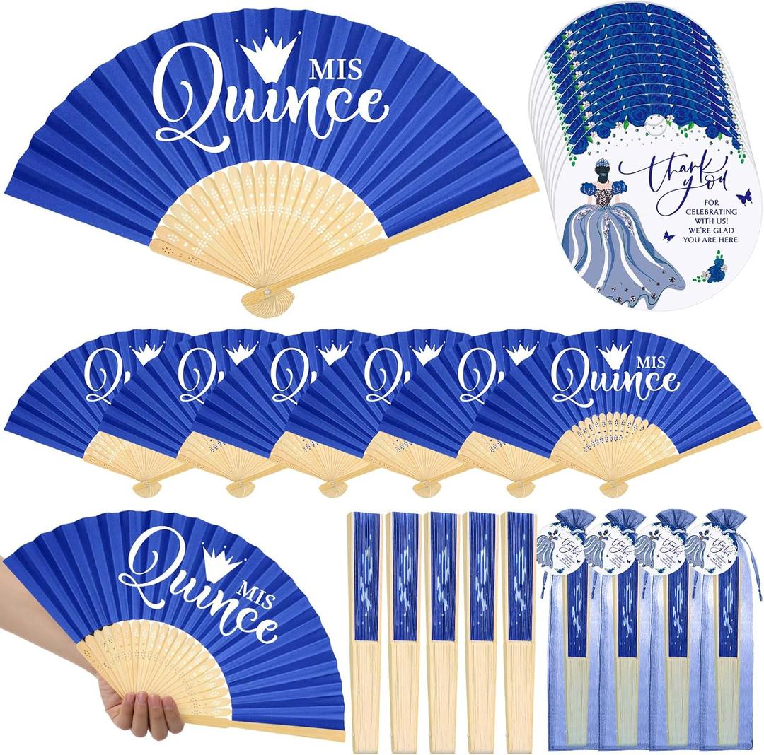 Threehoney 50 Sets Quinceanera Favors for Guests Bamboo Folding Paper Fans with Thank You Tags and Gift Bag Handheld Fans 15 Birthday Party Favors Decorations (Blue)