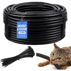 100FT Split Wire Loom Tubing, 3/4 Inch Wire Protector Tubing, Automotive Wire Flexible Conduit Cord Covers with 20 Cable Ties for Automotive Marine RV Agriculture Electrical Cable Protection (Black)