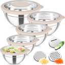 TeamFar Mixing Bowls, Stainless Steel Salad Serving Bowl with Clear Lids & 3 Graters, For Kitchen Cooking Prepping Storing, Size 4.6/2.6/1.5/1/0.7 QT, Nesting & Airtight, Set of 5 & Khaki
