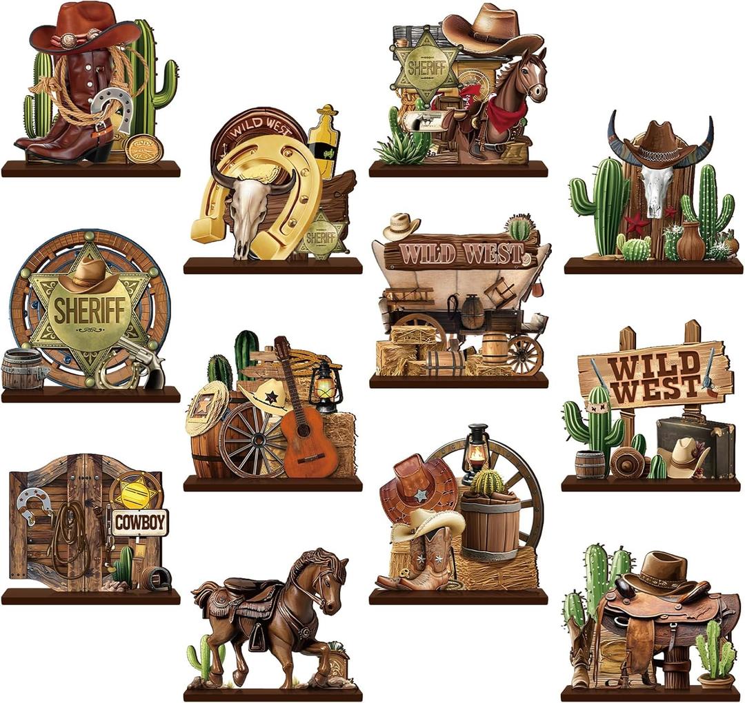 Marsui 12 Pcs Western Centerpieces Wild West Party Decorations 5. 3 Inches Cowboy Wooden Table Decorations for Party Decors Cowboy Birthday Baby Showe Tiered Tray Decor