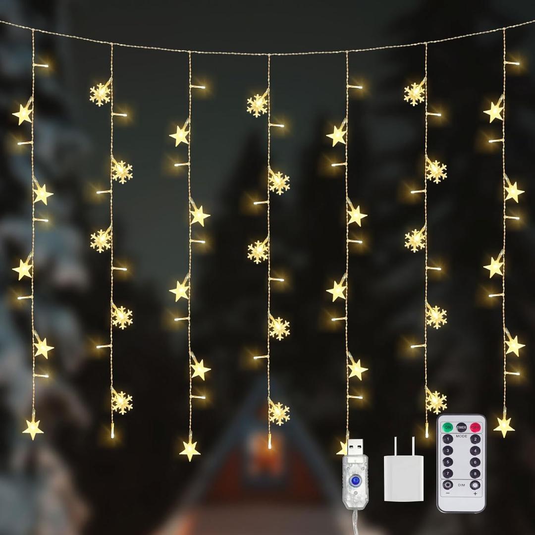 8 Modes Christmas Curtain String Lights with Snowflake and Star, USB Plug in Wall Lights Christmas Decorations Indoor, Xmas Window Light Decor, Warm White