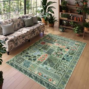 Floral Boho Washable 5x7 Area Rug for Living Room, Green Botanical Rug for Bedroom Dining Room Low Pile Non Slip, No Shed Large Carpet for Home Office Decor