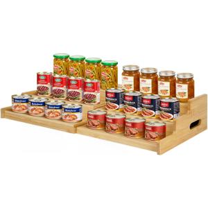 Bamboo Expandable Can Rack Organizer for Pantry, Stackable 3 Tier Canned Food Organizers and Storage, Kitchen Cabinet, Can Holders Dispensers for Pantry Up To 24 Cans