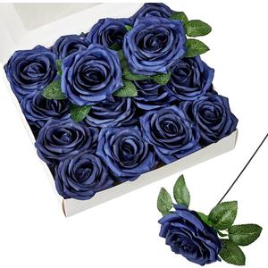 Artificial Flowers Navy Blue Fake Rose Silk Rose 16 Pcs Real Looking Fake Flowers with Stems for DIY Wedding Bouquets Party Tables Centerpieces Floral Arrangements Festival Decoration