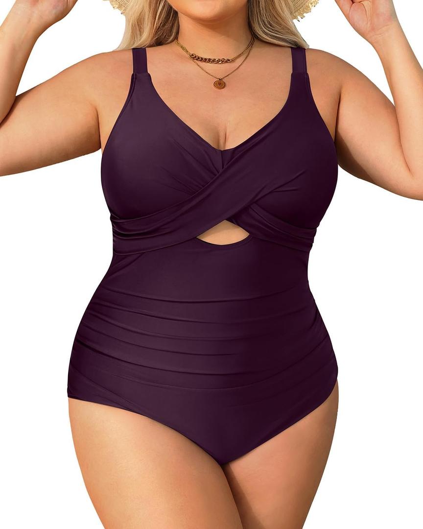 Daci Plus Size One Piece Swimsuits - Tummy Control Bathing Suit for Women Cutout Swimwear (Dark Purple), 14 Plus