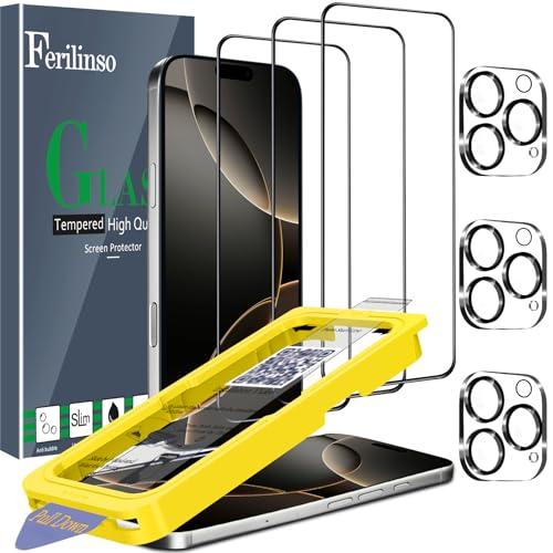 Ferilinso [Auto Dust Install] 3 Pack Screen Protector for iPhone 16 Pro Max [Phone Case fit], 3 Tempered Glass Camera Lens Protector Accessories for Apple