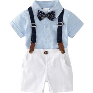 Baby Boys Short Sleeve Gentleman Outfits Suits Shirt Suspender Shorts with Bowtie Infant Clothing Set 3-6M, Light Blue + White