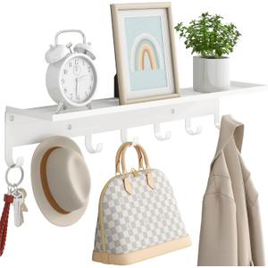 Shelf with 7 Hooks, 23 Inch Entryway Coat Rack Wall Mounted, Metal Coat Hanger with Shelf Storage Clothes, Bags, Purse for Living Room, Balcony, Closet, White