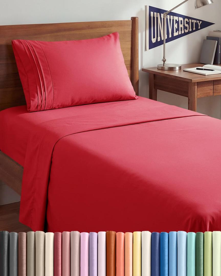 Twin XL Size 3 Piece Sheet Set - Comfy Breathable & Cooling Sheets - Hotel Luxury Bed Sheets for Women & Men - Deep Pockets, Easy-Fit, Extra Soft and Wrinkle Free Sheets - Red Oeko-Tex Bed Sheet Set