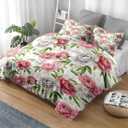 Pamnest Comforter Set Twin Size, Floral Botanical Flower Soft 2 Pcs Bedding for Kids and Adults, Peony Vintage Red Rose Comforter Set with Pillowcase, for Bedroom Bed Decor