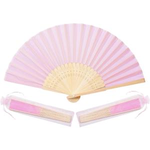 Sepwedd 50pcs pink Imitated Silk Fabric Bamboo Folded Hand Fan Bridal Dancing Props Church Wedding party favors with Organza Bags