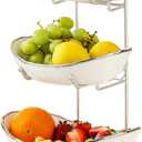 Ceramic Fruit Bowl for Kitchen Counter - 3 Tier Fruit Basket with Metal Stand, Tiered Fruit Stand for Countertop, Snack, Nuts, Cake, Dessert, Cute (Silver-rimmed, Small) S1